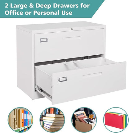 MIIIKO 2 Drawer Lateral File Cabinet with Lock, White Filing Cabinet for Home Office, Two Drawer Metal File Cabinet for Hanging Files Folders Letter/Legal/F4/A4 Size