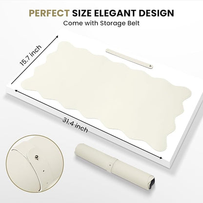 PU Leather Desk Pad, Scalloped Non-Slip Mouse Pad & Large Desk Mat Cover Stitched Edges Writing Pad for Office, Home - Waterproof, Easy to Clean, Durable Surface I 31.4"x15.7", Off-White