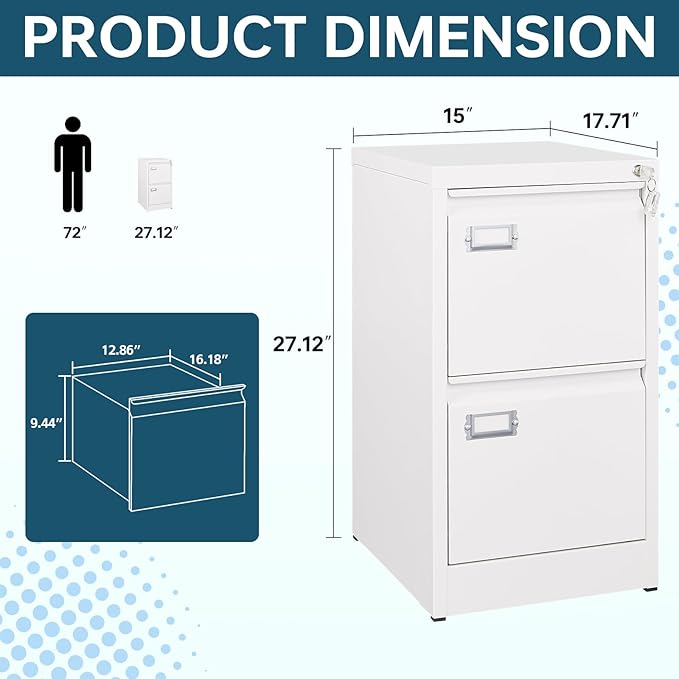 MIIIKO White 2 Drawer File Cabinet, Vertical Filing Cabinet with Lock, Home Office Storage Cabinet for Letter Legal A4 File Size