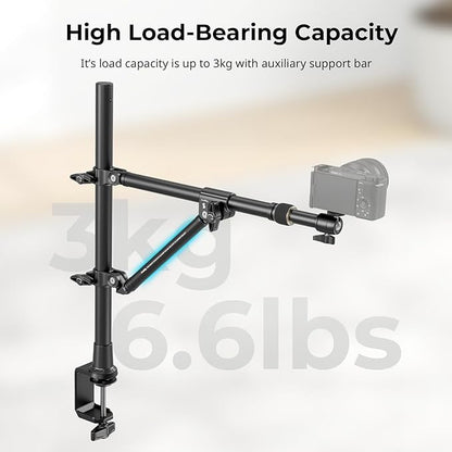 SMALLRIG Triangle Camera Desk Mount, Max. Load 3kg/ 6.6lbs, Overhead Mount with Auxiliary Support Rod, with Phone Holder and Small Ball Head for Camera/Phone/Light/Webcam