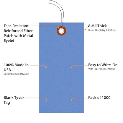 SmartSign Blue Tyvek Shipping Tags with Wire, Size #5 | 4 3/4" x 2 3/8", Pack of 1000, Made in USA