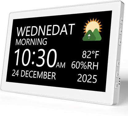 Raynic Digital Clock,10.1 Inch Large Display Calendar Clock with 12 Themes, 20 Alarms, 20 Reminders, Auto Dimming, 12/24 Hours for Seniors, Desk (White, 10.1 Inches)
