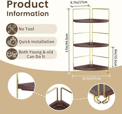 JANUS LiANG 3-Tier Corner Bathroom Organizer Countertop for Storage，Counter Tray and Vanity Organizer，Plastic Counter Organizer for Kitchen, Bathroom, Dresser 10.6 inches (Gold Brown)