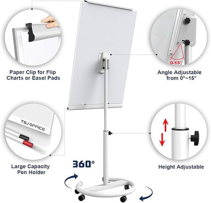 TSJ OFFICE Rolling Whiteboard Standing - 40 x 26 Inches Magnetic Mobile White Board with Stand, Height Adjustable Dry Erase Board on Wheels with Paper Clamp on Top, White
