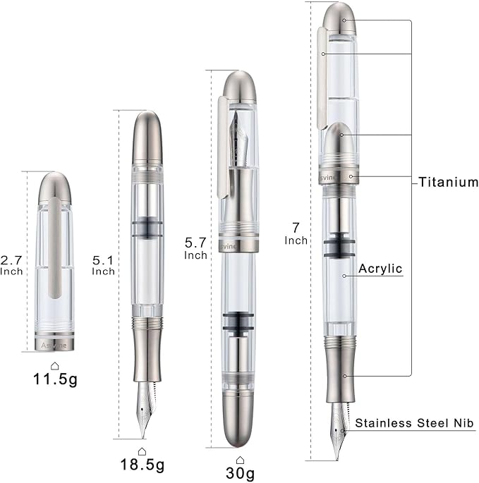 Asvine P36 Titanium Fountain Pen Piston Filling, Iridium Medium Nib Clear Transparent Acrylic Smooth Writing Pen Case Set