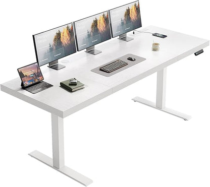 OffiGo 71 Inch Executive Electric Standing Desk, Height Adjustable Desk with Power Outlet & 1.38" Thick 3-Piece Desktop, Sit Stand Computer Desk for Home, Office, Conference Room, White