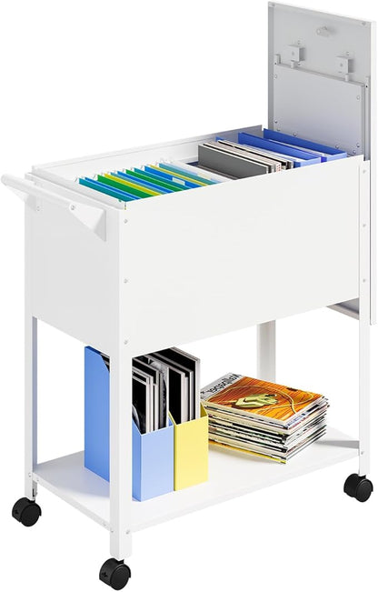 Mobile File Cart with Lock, Rolling File Cabinet Hanging Letter/Legal File Folders with Lockable Sliding Cover, White File Organizer on Wheels