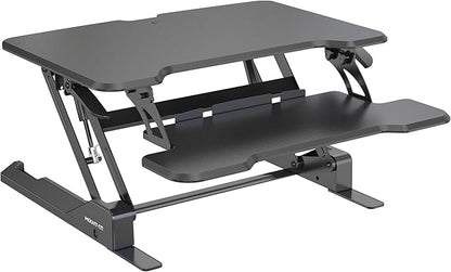 Mount-It! Height Adjustable Standing Desk Converter, Compact 30” Wide Tabletop Standing Desk Riser with Gas Spring, Desktop Stand Up Workstation with Keyboard Tray Fits Monitor or Laptop, Black