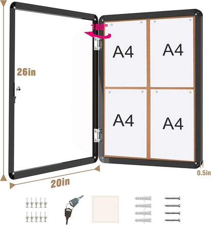 Mifuro 26"x20" Enclosed Bulletin Board, Lockable Weather-Resistant Aluminum Cork Noticeboard for School & Office, Black Frame w/Cork