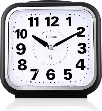 Tinload 5.5" Large No Ticking Analog Alarm Clock,Silent Readable for Seniors,Easy to Set,Gradual Rise Alarm,Big Numbers,Gentle Wake,Snooze, Lighted on Demand,Battery Operated,Black