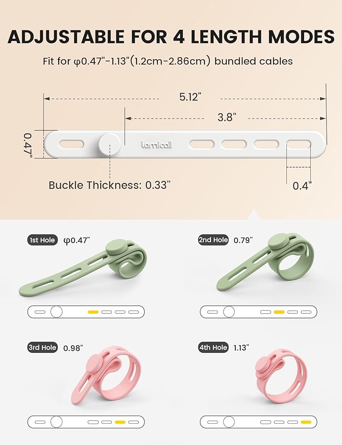 Lamicall 20Pack Silicone Cable Ties Cord Organizer - [4 Adjustable Holes] Multi Color Elastic Reusable Cord Wraps Management, Home Organizer Ties for Phone Charger Electrical Cable, Travel Essentials