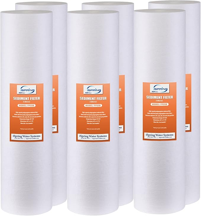 iSpring FP25BX6 High Capacity 20” x 4.5” Water Replacement Cartridges Fine Sediment Filters, 6 pieces / 5 microns, White, 6 Count