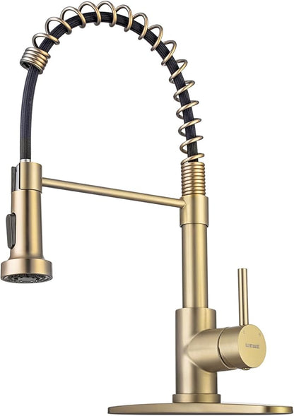 WEWE Brushed Gold Kitchen Faucet with Pull Down Sprayer, RV Brass Kitchen Faucet Stainless Steel Single Handle Spring Faucet with Deck Plate for Farmhouse Utility bar Laundry Sinks