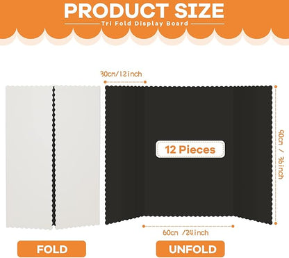 Henoyso 12 Pcs 36 x 48 Inch Black Trifold Poster Board Large Tri Fold Presentation White Display Board Foldable Paperboard for Science Fair School Business Project Exhibition