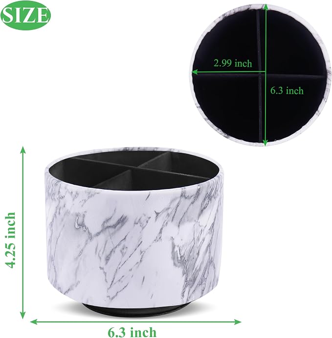 Round Leather Art Supply Organizer,Remote Control Holder,360-degree Rotating Pen Organizer with 4 Compartments(1-Marble White Silver)