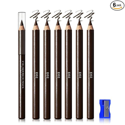 6Pcs Dark Brown Eyebrow Pencils for Women, Wooden Hard-Core Eyebrow and Eyeliner Pencil, Long Lasting Waterproof and Sweat-Proof, Beginner Makeup Brow Pencil With Pencil Sharpener (Dark Brown, 6Pcs)