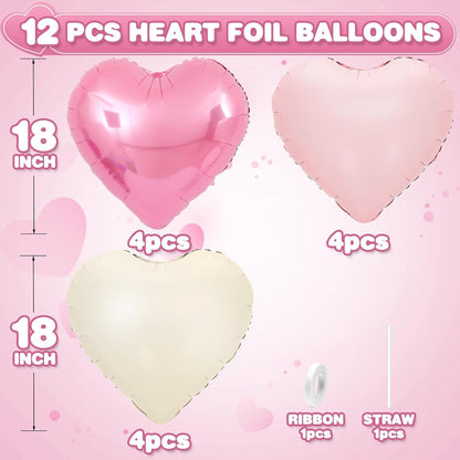 Pink White Heart Balloons,12Pcs Baby Pink Cream Heart Shaped Foil Balloons,18Inch Sand White Helium Balloon for Baby Shower Birthday Anniversary Wedding Party Decorations