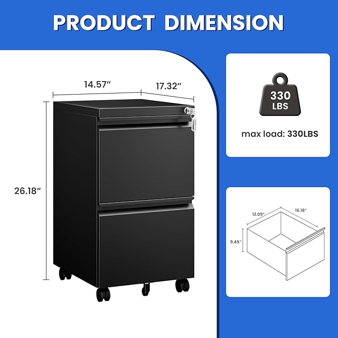 MIIIKO 2 Drawer File Cabinet on Wheels, Home Office Mobile File Drawers Under Desk, Filing Cabinets with Drawers for Legal/Letter/A4 File Folders(Black),Un-Assembled