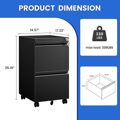 MIIIKO 2 Drawer File Cabinet on Wheels, Home Office Mobile File Drawers Under Desk, Filing Cabinets with Drawers for Legal/Letter/A4 File Folders(Black),Un-Assembled