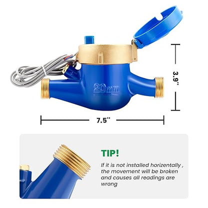 Watflow DN20 Water Meter 3/4" NPT, ISO 4064 Certification Cubic Water Flow Meter with Pulse Output, Cold Water Meter, for Garden/Home/Apartment, Horizontal Install.