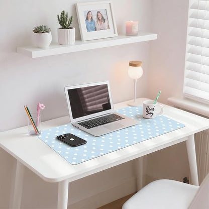 White Polka Dot Leather Desk Mat Extended Gaming Mouse Pad | Non-slip Large Writing Pad Laptop Blotter Computer Keyboard Mat | Cute Blue Desk Protector for Home Office 23.6" x 11.8"