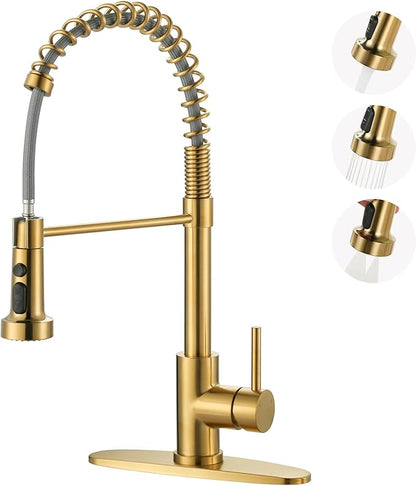 Kitchen Faucets with Pull Down Sprayer: Brushed Gold 3-Function Kitchen Sink Faucet for 1 or 3 Hole - Stainless Steel Single Handle Spring Kitchen Faucets with Deck Plate for Farmhouse RV Laundry