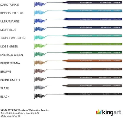 KINGART 315-24 Pro Artist Quality 24 Ct. Woodless Watercolor Pencil Set, 24 Soft Core, Pre-Sharpened Crayon Style Art Pencils, Use Wet or Dry, Professional to Beginner