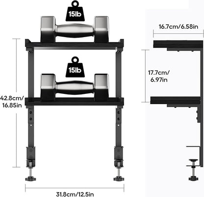 ART-GIFTREE Clamp On Desk Shelf 2-Tier, 12.5 inche Wood Shelving Unit for Office Desk/Gaming Accessories, Tabletop Book Storage Rack, Shelf for Top & Under of Desk, Black