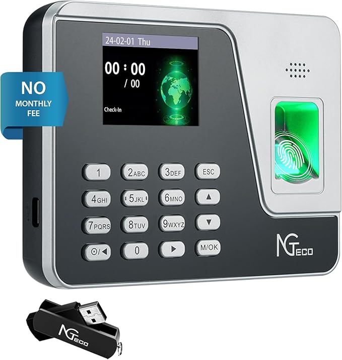 NGTeco Fingerprint & PIN Biometric Time Clock, Standalone Punch Machine for Employees Small Business, No WiFi/Software Required, No Monthly Fees