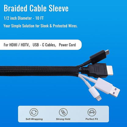 Flauzmann 1/2" Braided Cable Sleeve - 10Ft Cat Cord Protector Split Wire Loom Tubing Flexible Self Wrapping for USB, Audio, Automotive Cord, Dog Chew Proof Cable Protector - Black