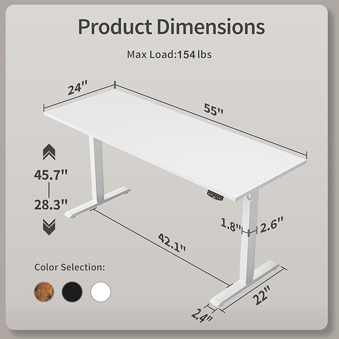 Agilestic Electric Standing Desk, 55 x 24 Inches Height Adjustable Desk, Sit Stand up for Work Office Home, Ergonomic Rising Computer Table with Memory Preset, White