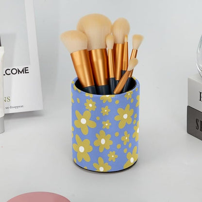 Yellow Flowers Leather Pen Holder for Desk, Multifunctional Desktop Organizer Pencil Cup, Desktop Caddy Stationery Organizer for School Home Office Desk Accessories