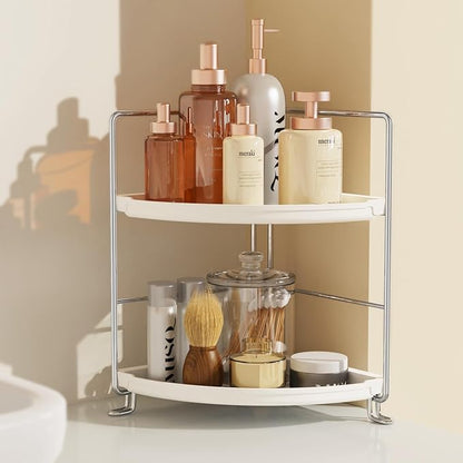 JANUS LiANG 2-Tier Corner Bathroom Countertop Organizer, Tiny Counter Corner Shelf Skincare Makeup Perfume Organizer and Organization for Kitchen (White)