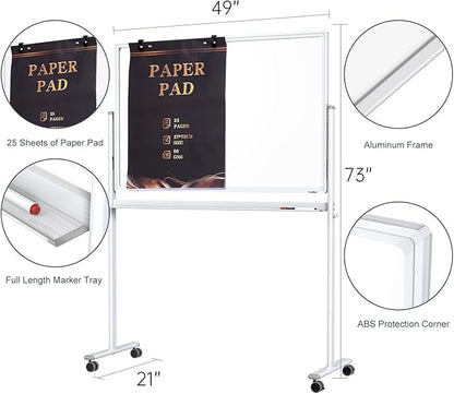 Mobile Clear Glass Whiteboard, 48 x 32 Inches Standing White Board on Wheels, Large Rolling Dry Erase Board with Stand, Transparent Tempered Glass Board for Office Home School, with Chart Paper