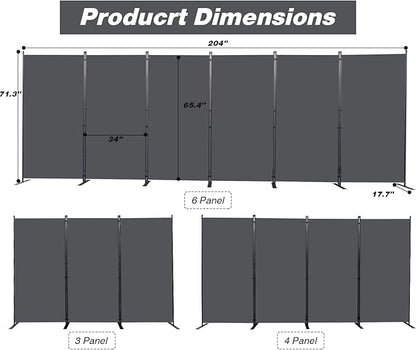 CHOSENM Room Divider, 6 Panel Folding Privacy Screens with Wider Support Feet, 6 Ft Portable Room Partition for Room Separator, 204" W X 71" H, Grey