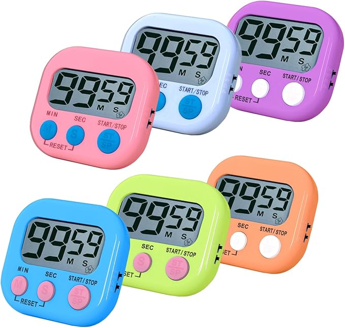 Timers for Classroom,BESTWYA Magnetic Timer with Loud/Silent Switch Big LCD Screen Count Up and Down Function 3 Big Buttons for Break Time, Cooking, Gym, Meeting, Classroom (6, 6 Colors)
