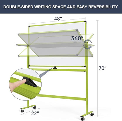 Rolling Whiteboard, 48x32 Inches Mobile Whiteboard on Wheels, Magnetic Dry Erase Board with Stand, Standing White Board for Office, School, Home, Large Double Sided White Board with Paper Pad
