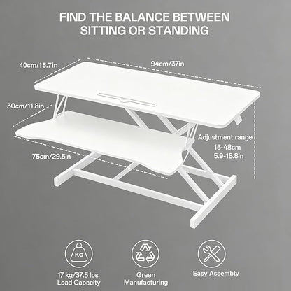 37 Inch Standing Desk Converter - Manual Pneumatic Spring, Two Monitor Stable Standing Desk Converter, 5.9" to 18.8" Height Adjustable Laptop Workstation with Keyboard Tray for Home, Company(White)