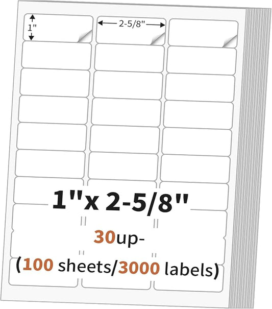 1" x 2 5/8" (100 Sheets) Address Labels, Labels Sticker Paper for Laser/Ink Jet Printer, Printable and Writable White Sticker Labels- Matte, 30 per Page Labels (Total 3000 Labels)