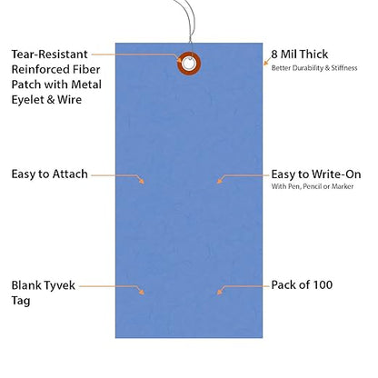 SmartSign (Pack of 100) 6.25 x 3.125 inch “Blue” Blank Tyvek Shipping Tags with Wire, Size #8, 8 mil Thick Tyvek, Made in USA