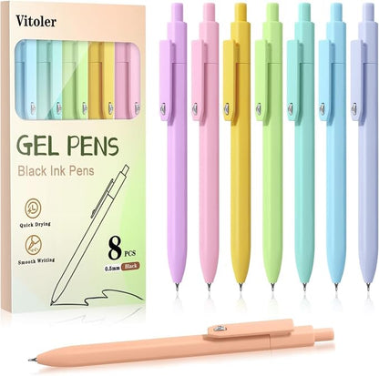 Vitoler Cute Gel Pens, 8 Pack 0.5mm Fine Point Pens with Fidget Quick Dry | For Women, For Teachers, For Nurses, Smooth Writing, Liquid Ink, For Badge, Black ink, Felt Tip, Medium Point, For Journaling