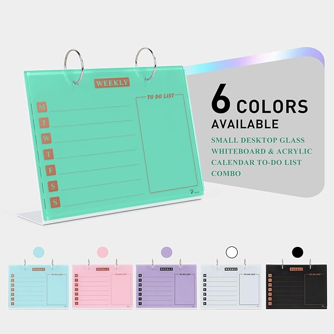 Desktop Glass Dry Erase & Acrylic Aesthetic Calendar Weekly to-do List Combo, Small Magnetic Standing Whiteboard, Desk Flip Easel Calendar with Accessories for Home Office Supply, Mint Green, 9 x 7''