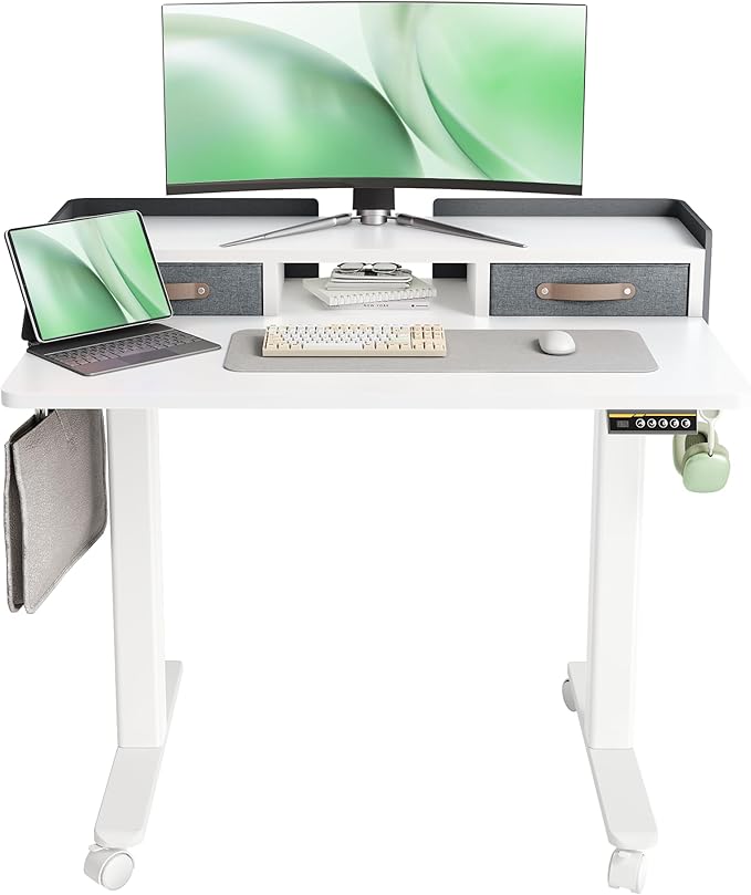 Claiks Standing Desk with Drawers, Adjustable Stand Up Electric Small Standing Desk Adjustable Height with Storage Shelf and Splice Board, 40 Inch, White