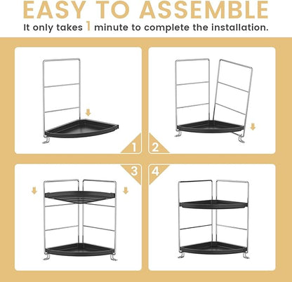 JANUS LiANG 2-Tier Bathroom Organizer Countertop Corner - Makeup Organizer Cosmetic Perfume Holder Bedroom Storage Shelf or Kitchen Spice Rack (Chrome + Black)