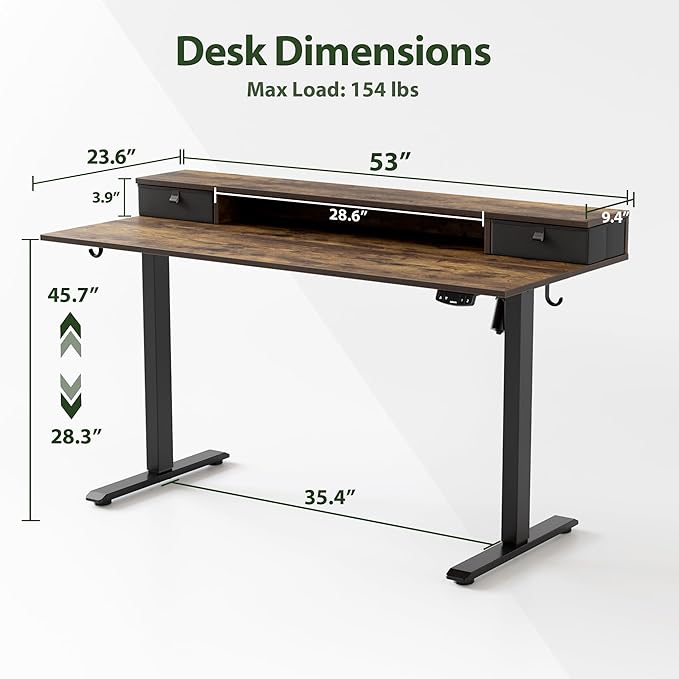 Agilestic 53 x 24 Inches Height Adjustable Electric Standing Desk with 2 Drawers, Stand Up Electric Desk Adjustable Height, Sit Stand Computer Gaming Table with Splice Board, Rustic Brown