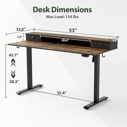 Agilestic 53 x 24 Inches Height Adjustable Electric Standing Desk with 2 Drawers, Stand Up Electric Desk Adjustable Height, Sit Stand Computer Gaming Table with Splice Board, Rustic Brown
