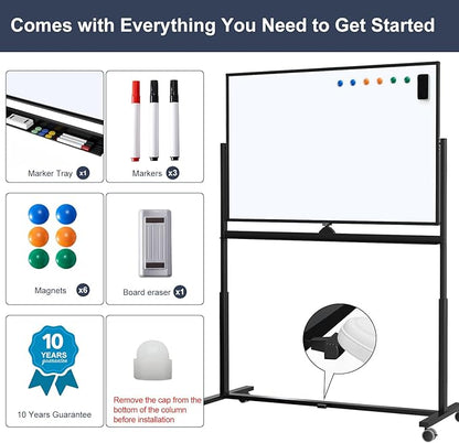 Rolling Whiteboard, 48 x 32 Inches Magnetic White Board with Stand, Double-Sided Large Standing Dry Erase Board on Wheels, Height-Adjustable Mobile Dry Erase Board for Office, Home, Classroom