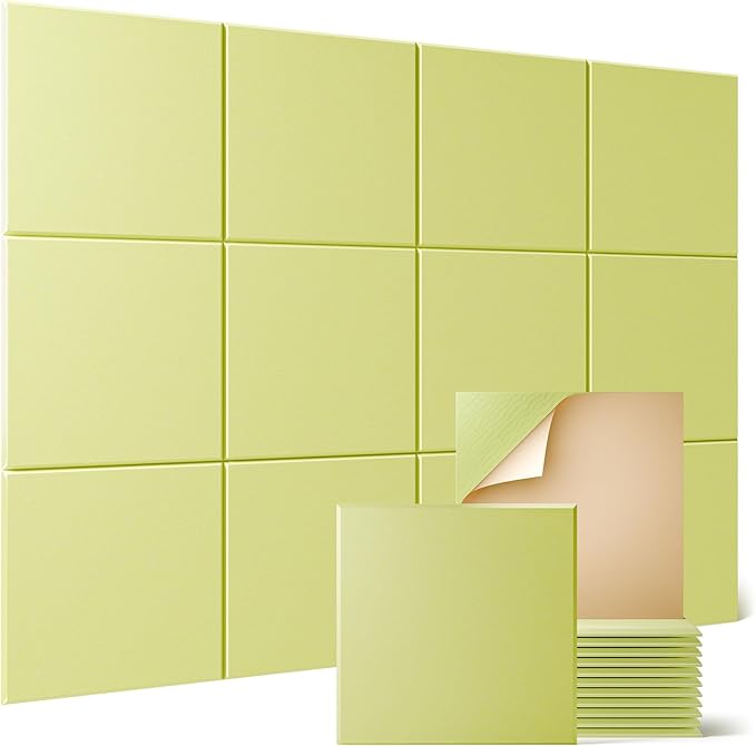 Sonicism 12 Pack Acoustic Wall Panels with Self-Adhesive, 12" X 12" X 0.4" Sound Proof Foam Panels, Decorative Soundproof Wall Panels, Sound Proof Absorbing Tiles for Home & Offices, Pale Yellow