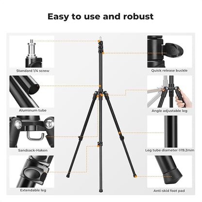 K&F CONCEPT Extendable Photography Stand, Adjustable 6.56ft/78.7"/2M Aluminum Tripod with 1/4" Screw, 2-Pack Reversible Portable Studio Lighting Tripod for Strobe Light/Webcams/Cameras with Bag