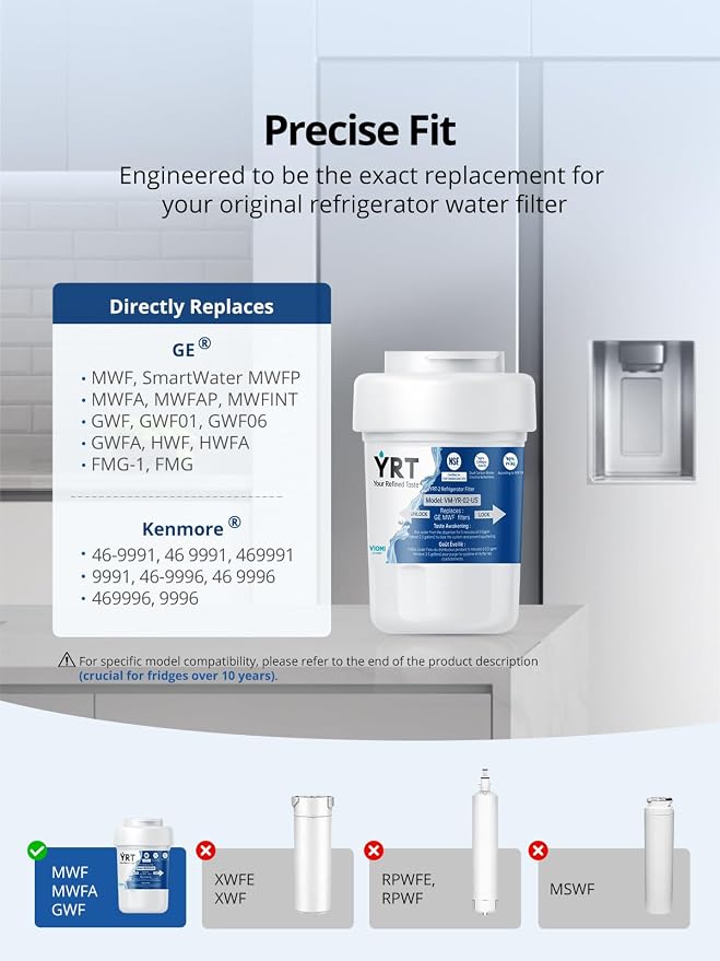 YRT Replacement for GE WMF Water Filter, NSF/ANSI 372 & 53 & 42 Certified | Compatible With Smart Water MWFP, MWFA, GWF, HDX FMG-1, WFC1201, RWF1060, GSE25GSHECSS, 197D6321P006, Kenmore 9991, 1 Pack